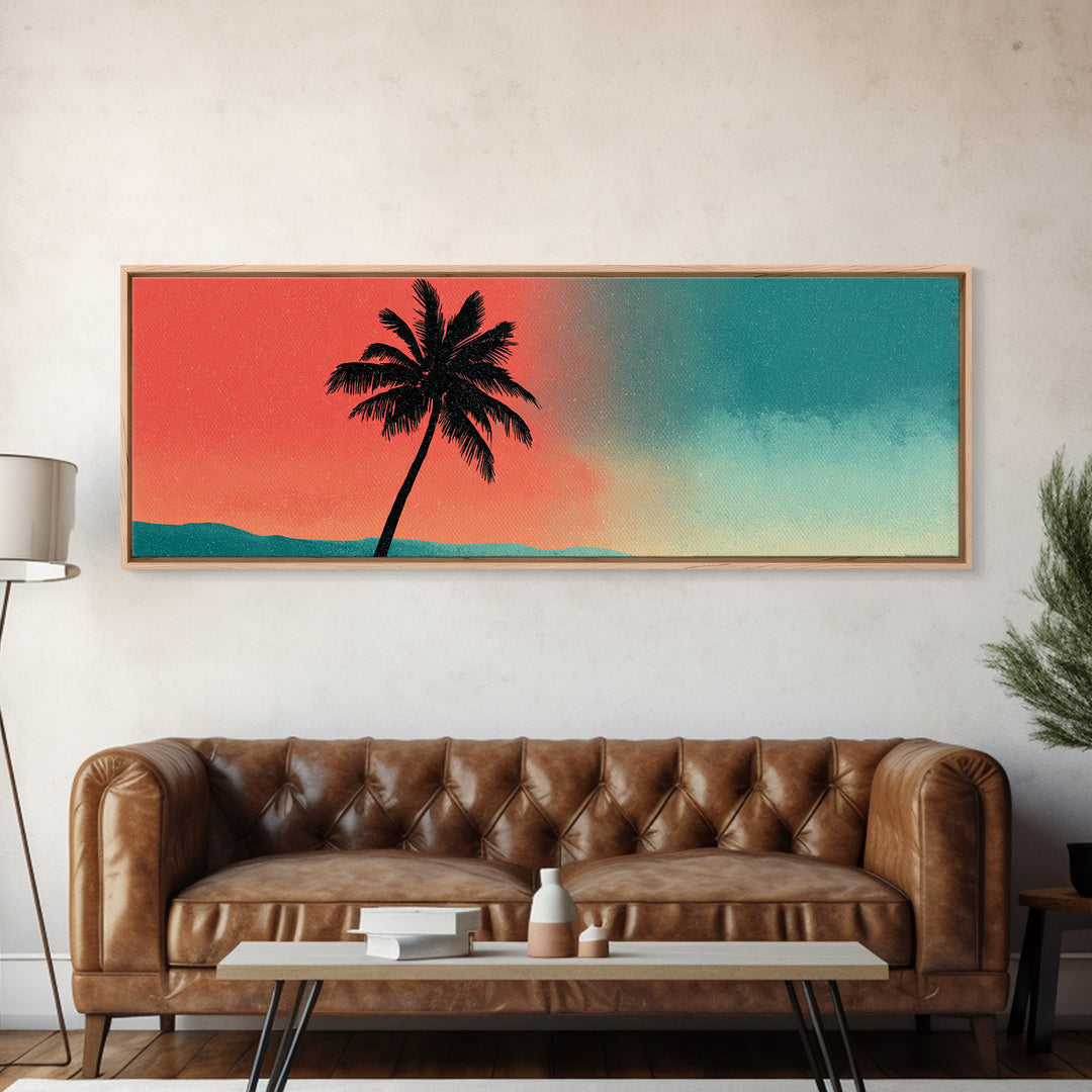 Leaning Palm Teal Coral Sky Wall Art, Retro Desert Landscape Print, Mid Century Modern Decor, Tropical California Poster