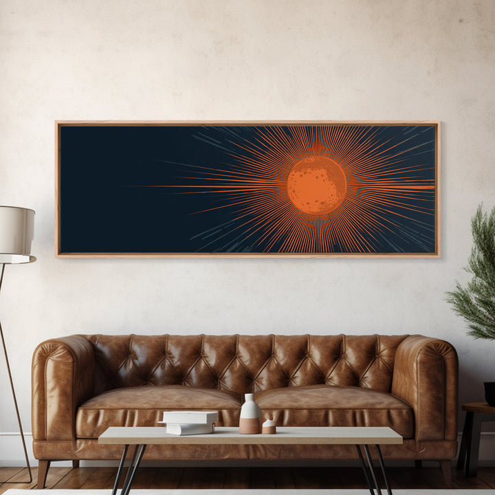 Orange Radiant Sunburst Wall Art, Atomic Mid Century Modern Print, Dark Navy Geometric Decor, Bold Solar Living Room Poster