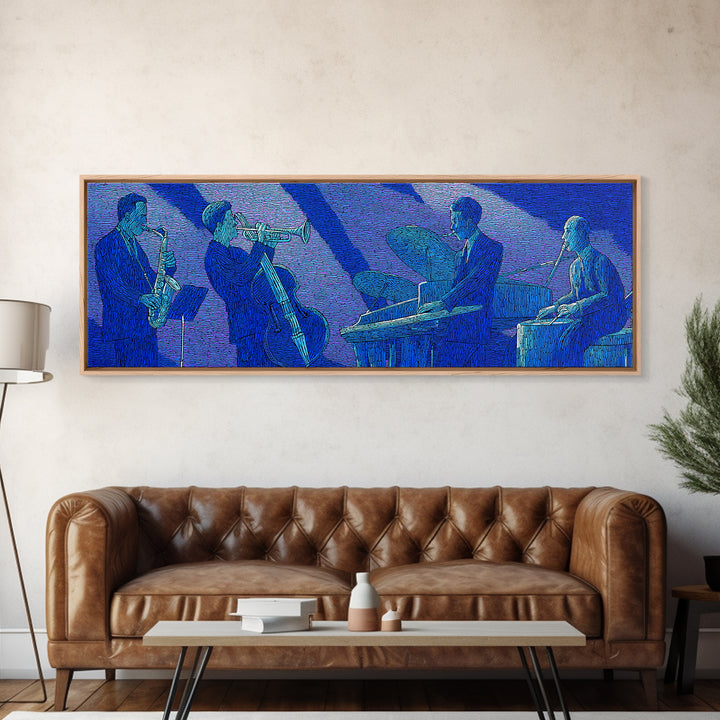 Blue Textured Jazz Ensemble Canvas Print, Modern Wall Art, Midcentury Music Poster, Cool Retro Living Room Home Office Decor