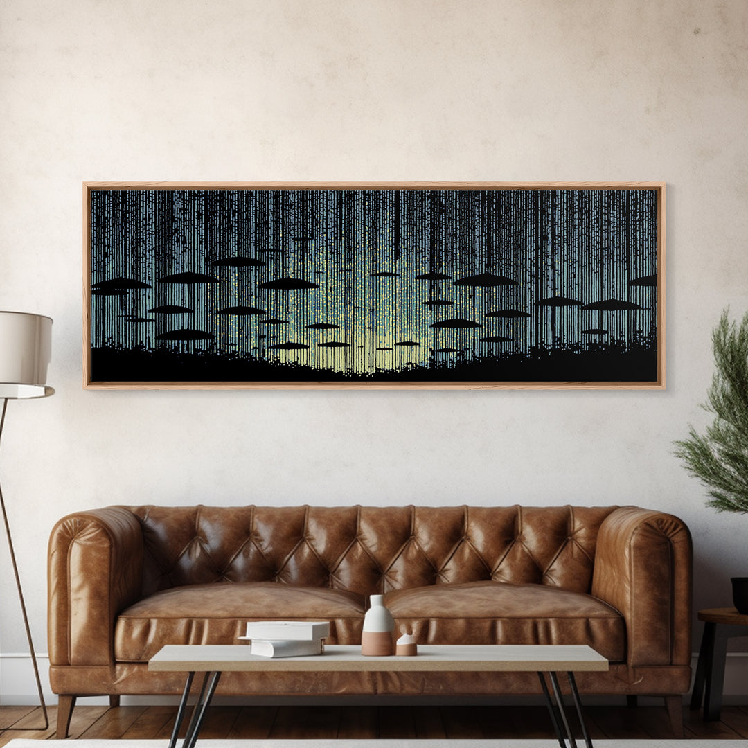 Blue Rain Umbrella Wall Art, Retro Illustration, Atmospheric Modern Art Print, Moody Bedroom Decor And Office Wall Decor