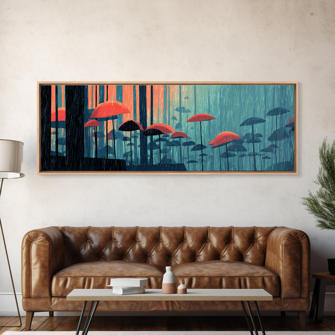 Teal Forest Umbrella Wall Art, Rainy Modern Art Print, Coral Blue Retro Decor, Atmospheric Living Room Canvas Print Gift