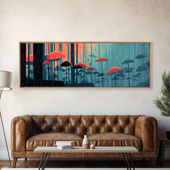 Teal Forest Umbrella Wall Art, Rainy Modern Art Print, Coral Blue Retro Decor, Atmospheric Living Room Canvas Print Gift