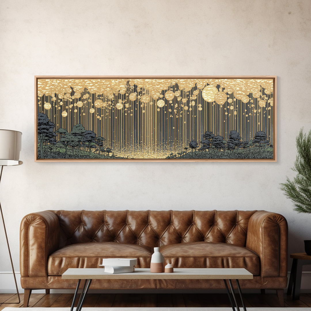 Golden Rain Landscape Framed Canvas Print, Midcentury Wall Art, Scenic Nature Print, Neutral Decor For Living Room Decor