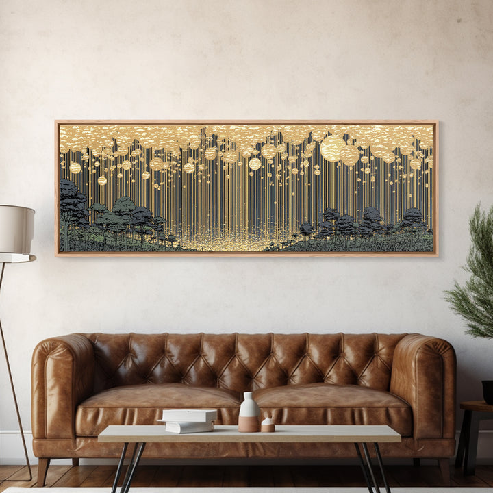 Golden Rain Landscape Framed Canvas Print, Midcentury Wall Art, Scenic Nature Print, Neutral Decor For Living Room Decor