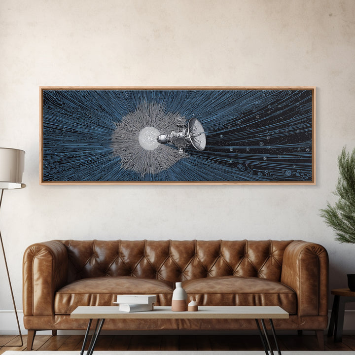 Deep Space Satellite Wall Art, Blue Sci Fi Retro Art, Modern Abstract Art Print, Large Panoramic Poster For Office Decor