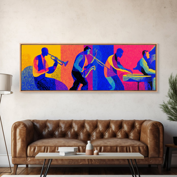 Bold Neon Jazz Band Canvas Print, Colorful Wall Art, Midcentury Modern Music Poster, Pop Art Funky Retro Living Room Decor