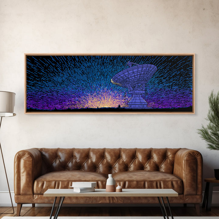 Blue Radio Telescope Starburst Wall Art, Retro Sci Fi Observatory Poster, Mid Century Modern Space Decor, Panoramic Canvas Print