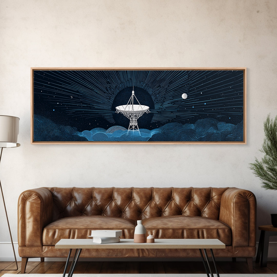 White Radio Telescope Moonlit Wall Art, Retro Sci Fi Observatory Print, Mid Century Modern Space Poster, Blue Panoramic Decor