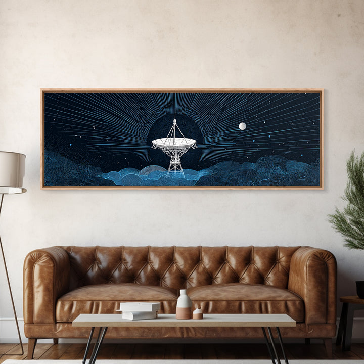 White Radio Telescope Moonlit Wall Art, Retro Sci Fi Observatory Print, Mid Century Modern Space Poster, Blue Panoramic Decor