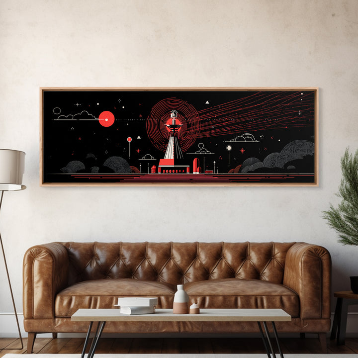 Red Observatory Beacon Wall Art, Retro Sci Fi Space Poster, Mid Century Modern Atomic Radio Telescope Panoramic Canvas Print