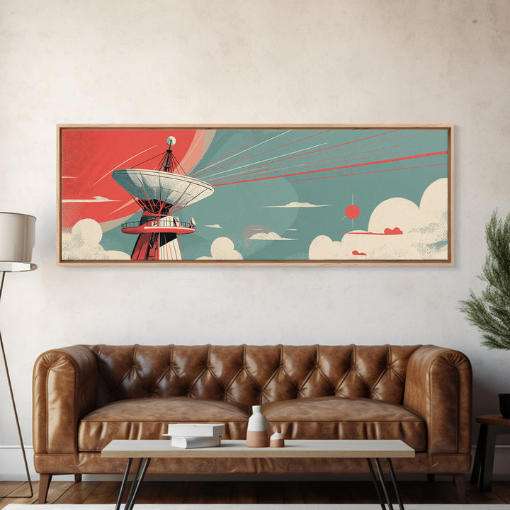 Coral Satellite Dish Sky Wall Art, Retro Sci Fi Observatory Poster, Mid Century Modern Atomic Space Decor, Panoramic Canvas Print