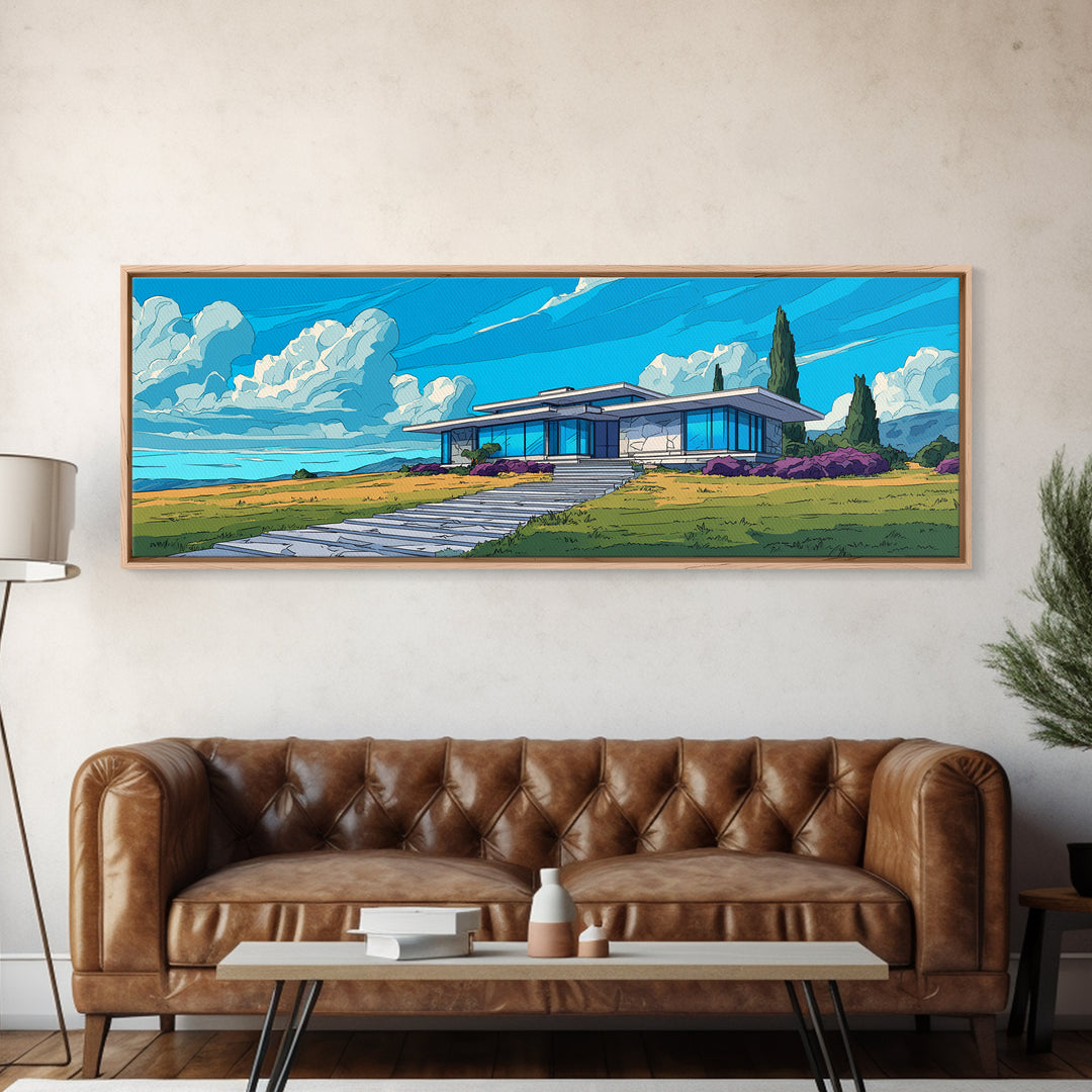 Blue Mid Century Ranch House Wall Art, Modern Architecture Poster, Palm Springs Decor, MCM Home Landscape Framed Canvas Print