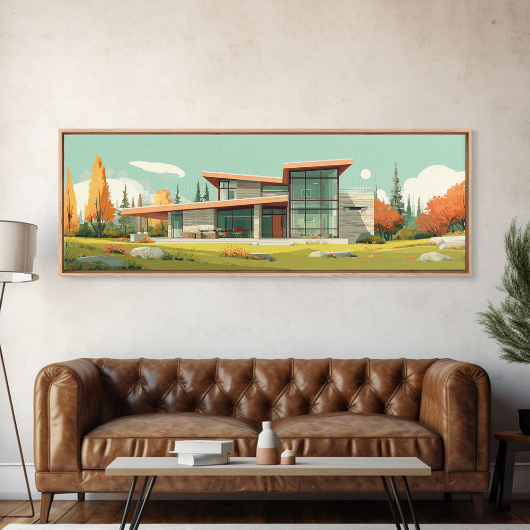 Autumn Glass Modern House Wall Art, Mid Century Modern Architecture Poster, Scandinavian Home Decor, Landscape Framed Canvas Print