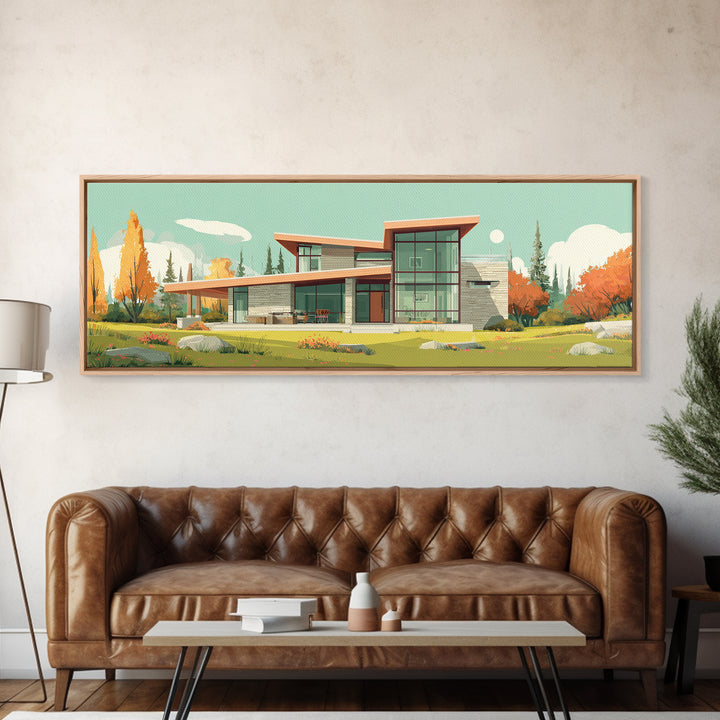 Autumn Glass Modern House Wall Art, Mid Century Modern Architecture Poster, Scandinavian Home Decor, Landscape Framed Canvas Print