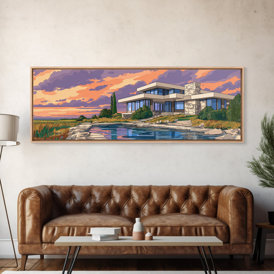 Lakeside Modernist Villa Wall Art, Sunset Mid Century Modern Architecture Poster, MCM Home Decor Scenic Framed Canvas Print