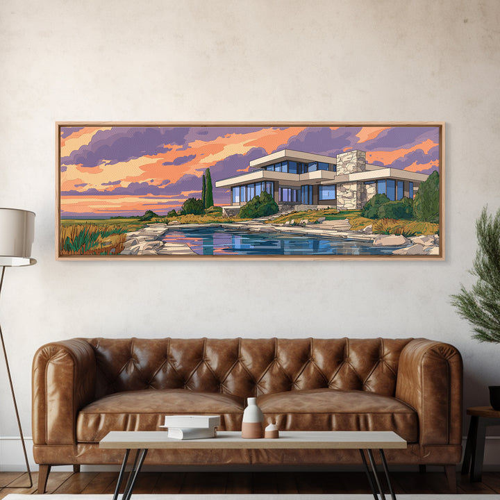 Lakeside Modernist Villa Wall Art, Sunset Mid Century Modern Architecture Poster, MCM Home Decor Scenic Framed Canvas Print