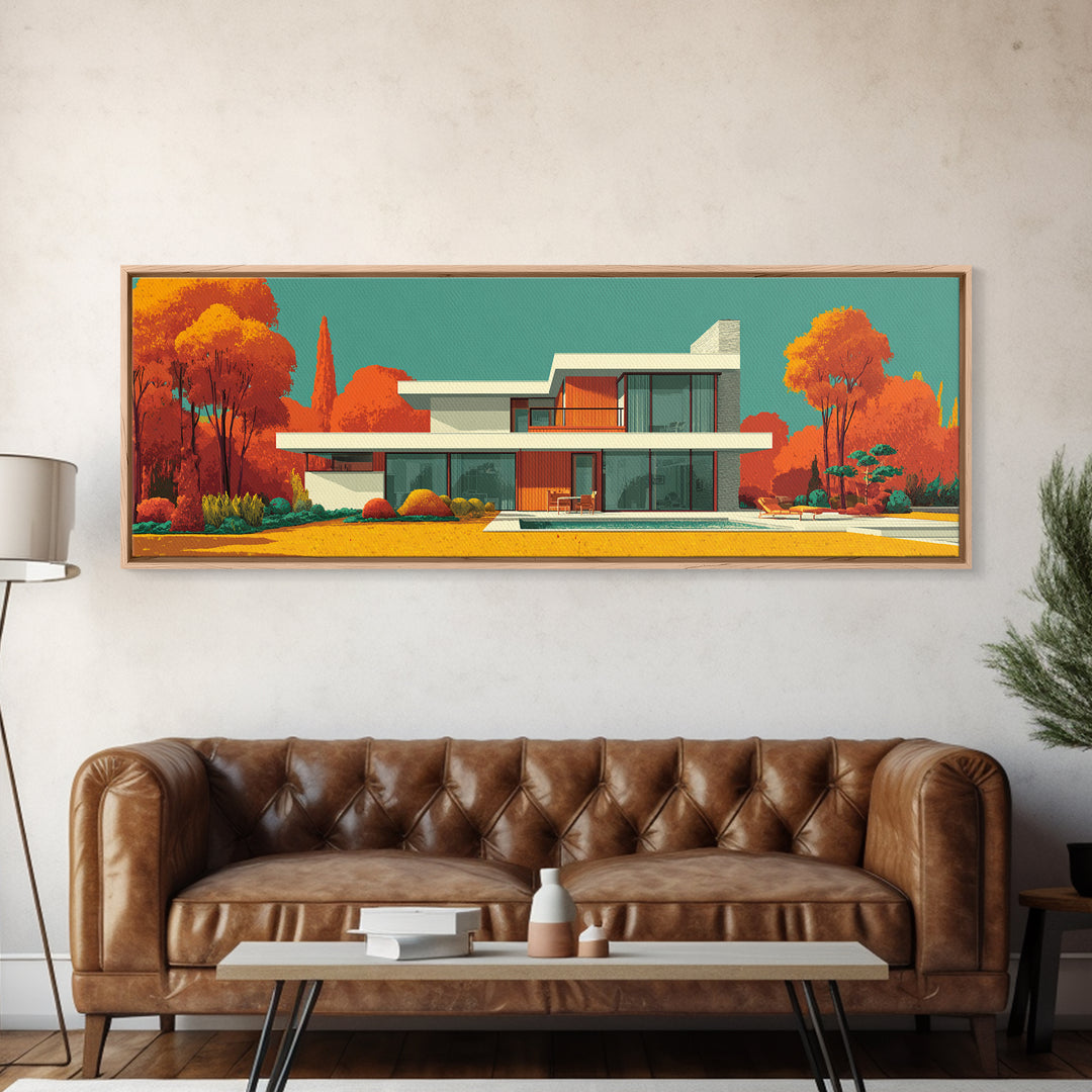 Orange Autumn Mid Century House Wall Art, Modern Architecture Poster, Retro Home Decor, Palm Springs Style Framed Canvas Print