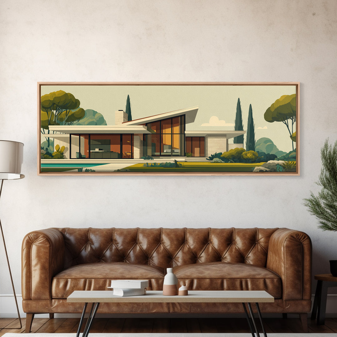 Angular Mid Century Modern House Wall Art, Retro Architecture Poster, Scandinavian Modern Home Decor Framed Canvas Print