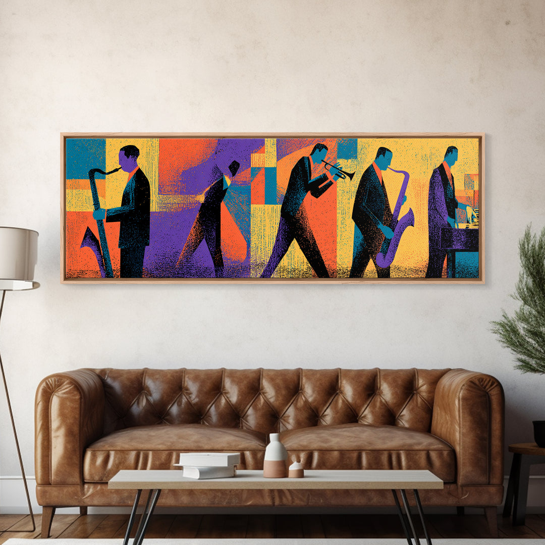 Graphic Jazz Musicians Canvas Print, Midcentury Modern Wall Art, Colorful Abstract Music Poster, Retro Home Office Decor