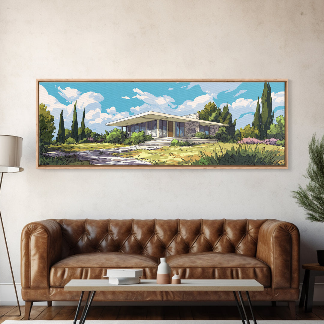 Modernist Garden Ranch House Wall Art, Mid Century Modern Architecture Poster, MCM Home Decor Landscape Framed Canvas Print