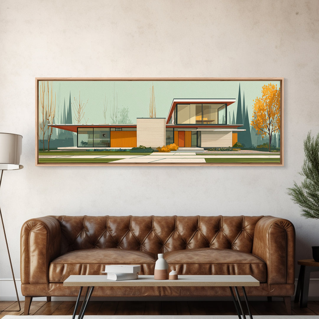 Midcentury Glass House Autumn Landscape Wall Art, Modern Architecture Print, MCM Decor, Retro Home Decor, Large Canvas Print