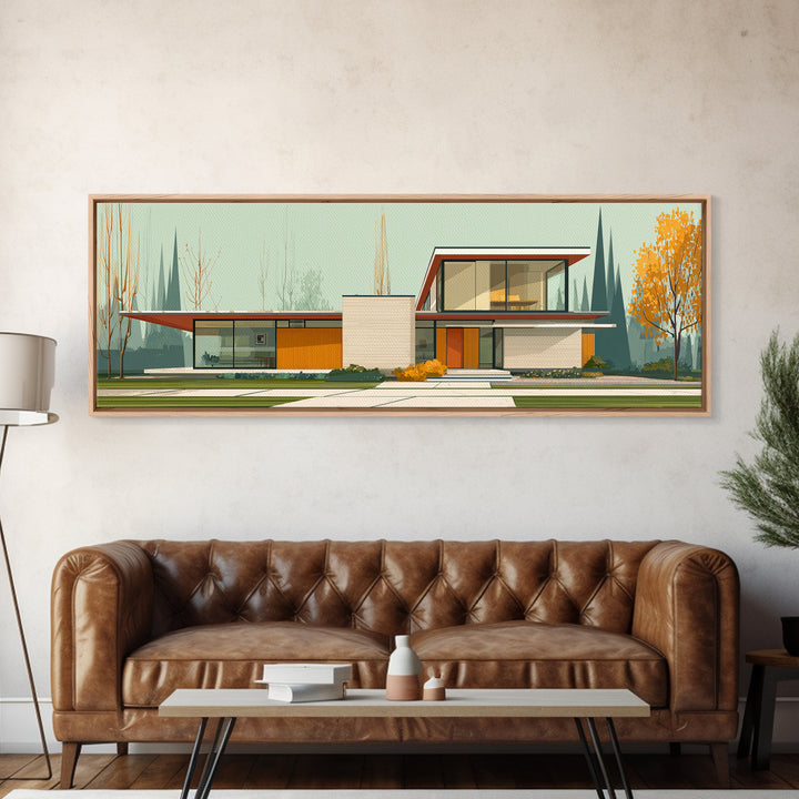 Midcentury Glass House Autumn Landscape Wall Art, Modern Architecture Print, MCM Decor, Retro Home Decor, Large Canvas Print