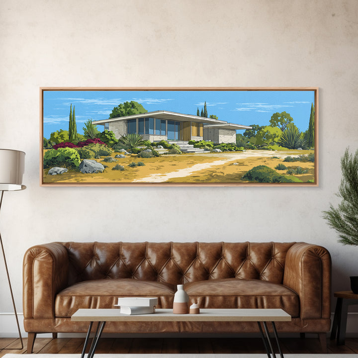Desert Modern House With Garden Path Canvas Print, Midcentury Architecture Wall Decor, California Poster, MCM Home Art Print