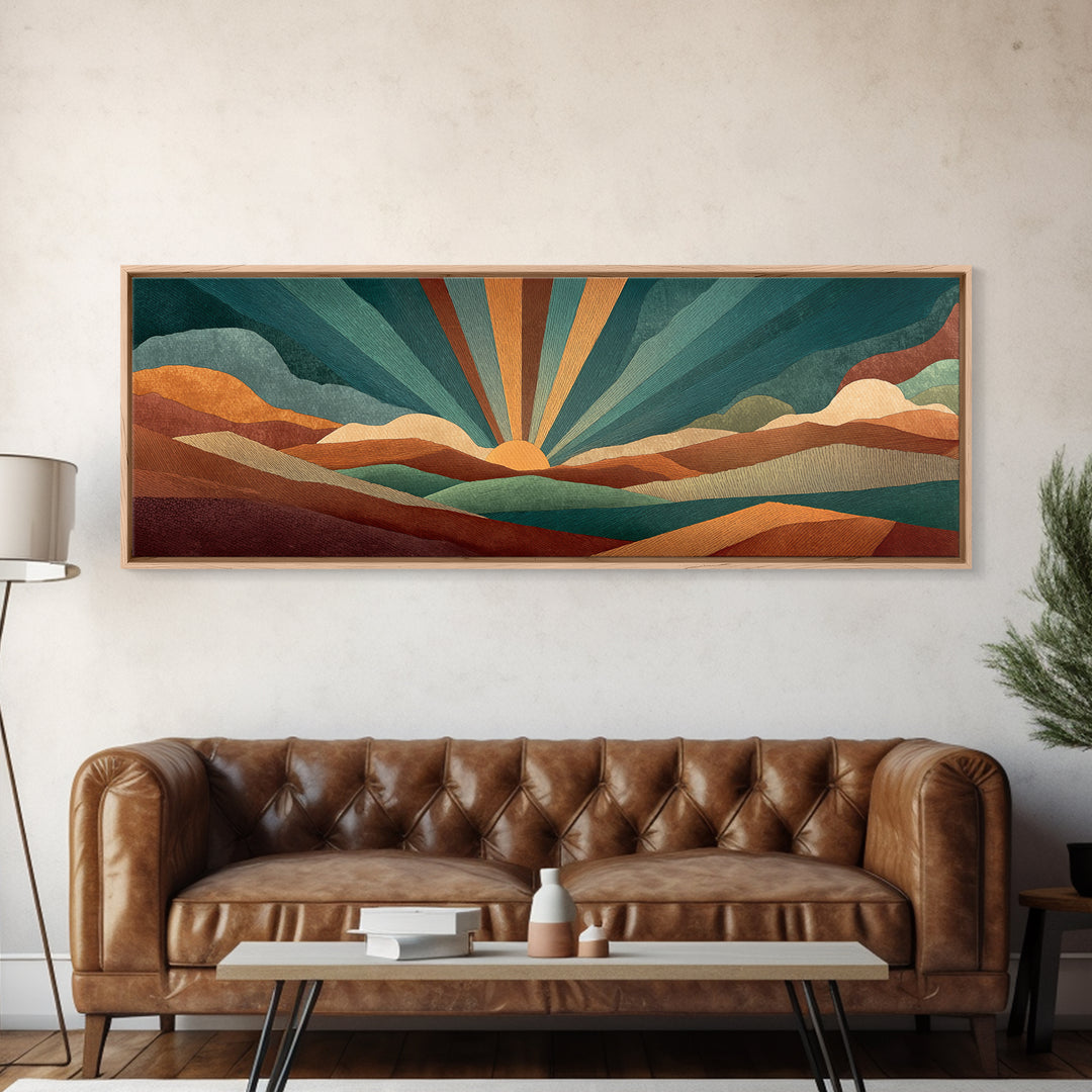 Teal And Burnt Orange Mountain Sunrise Canvas Print, Midcentury Abstract Wall Art, Modern Retro Decor, Boho Desert Poster