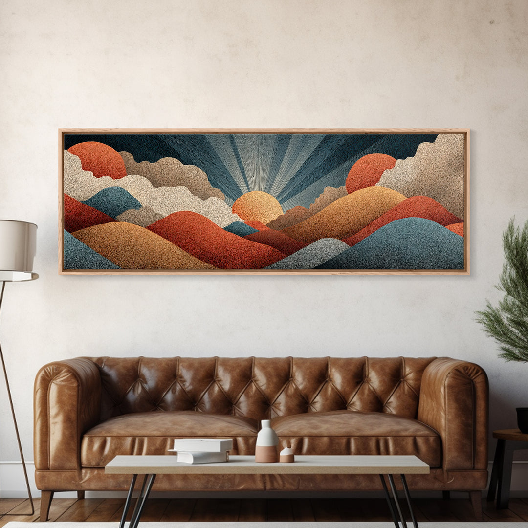 Textured Sun And Twin Clouds Over Rolling Hills Wall Art, Midcentury Modern Print, Retro Earth Tone Decor, Abstract Canvas
