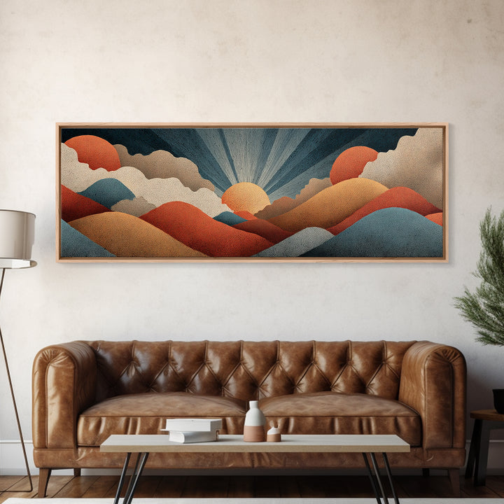 Textured Sun And Twin Clouds Over Rolling Hills Wall Art, Midcentury Modern Print, Retro Earth Tone Decor, Abstract Canvas