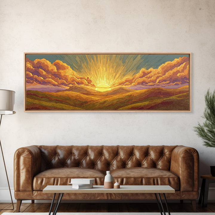 Golden Sunrise Over Desert Valley Framed Canvas Print, Retro Landscape Wall Art, Midcentury Modern Decor, Warm Boho Poster