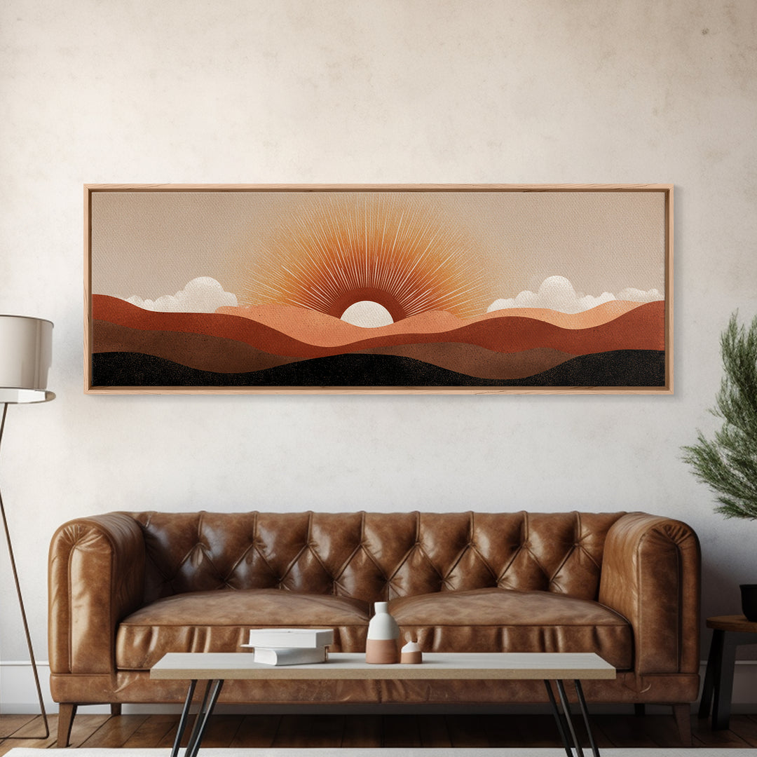 Minimalist Half Sun Over Layered Desert Hills Canvas Print, Midcentury Wall Art, Neutral Retro Decor, Boho Abstract Poster