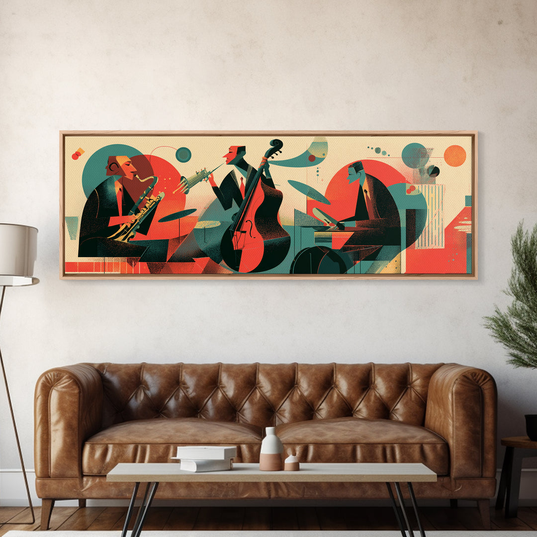 Retro Jazz Club Trio Canvas Print, Midcentury Modern Wall Art, Atomic Music Poster, Bold Abstract Colorful Living Room Decor