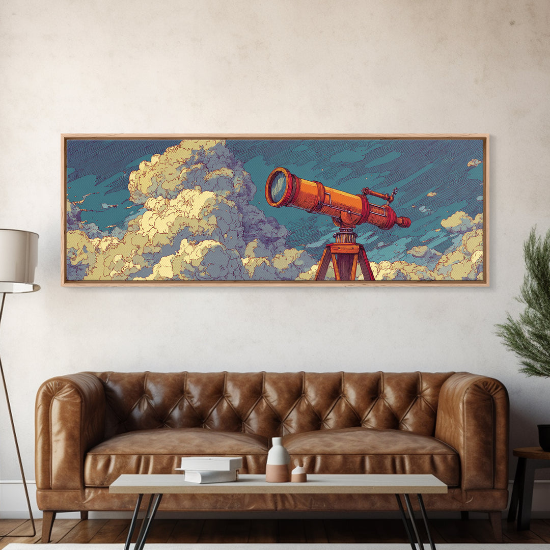 Orange Telescope In Clouds Wall Art, Retro Astronomy Poster, Midcentury Modern Art, Space Abstract Art, Office Decor, MCM Print