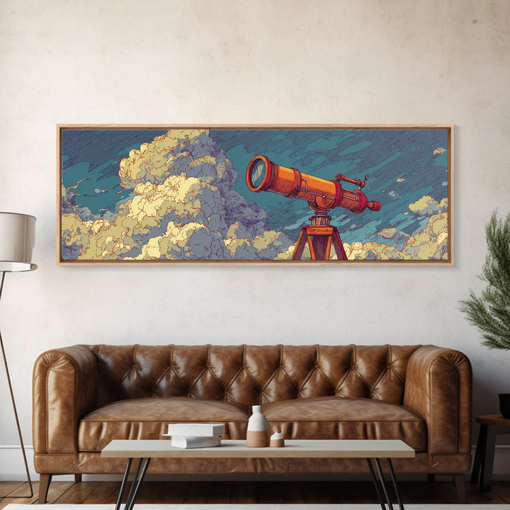 Orange Telescope In Clouds Wall Art, Retro Astronomy Poster, Midcentury Modern Art, Space Abstract Art, Office Decor, MCM Print