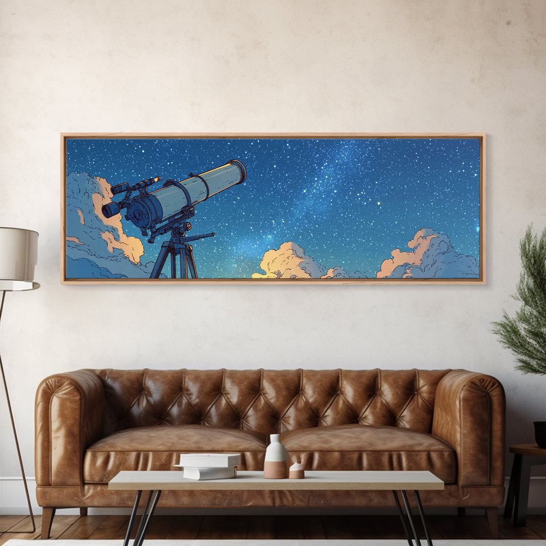 Blue Night Telescope And Stars Canvas Print, Retro Space Poster, Midcentury Wall Art, Astronomy Decor, Modern Art Print, MCM