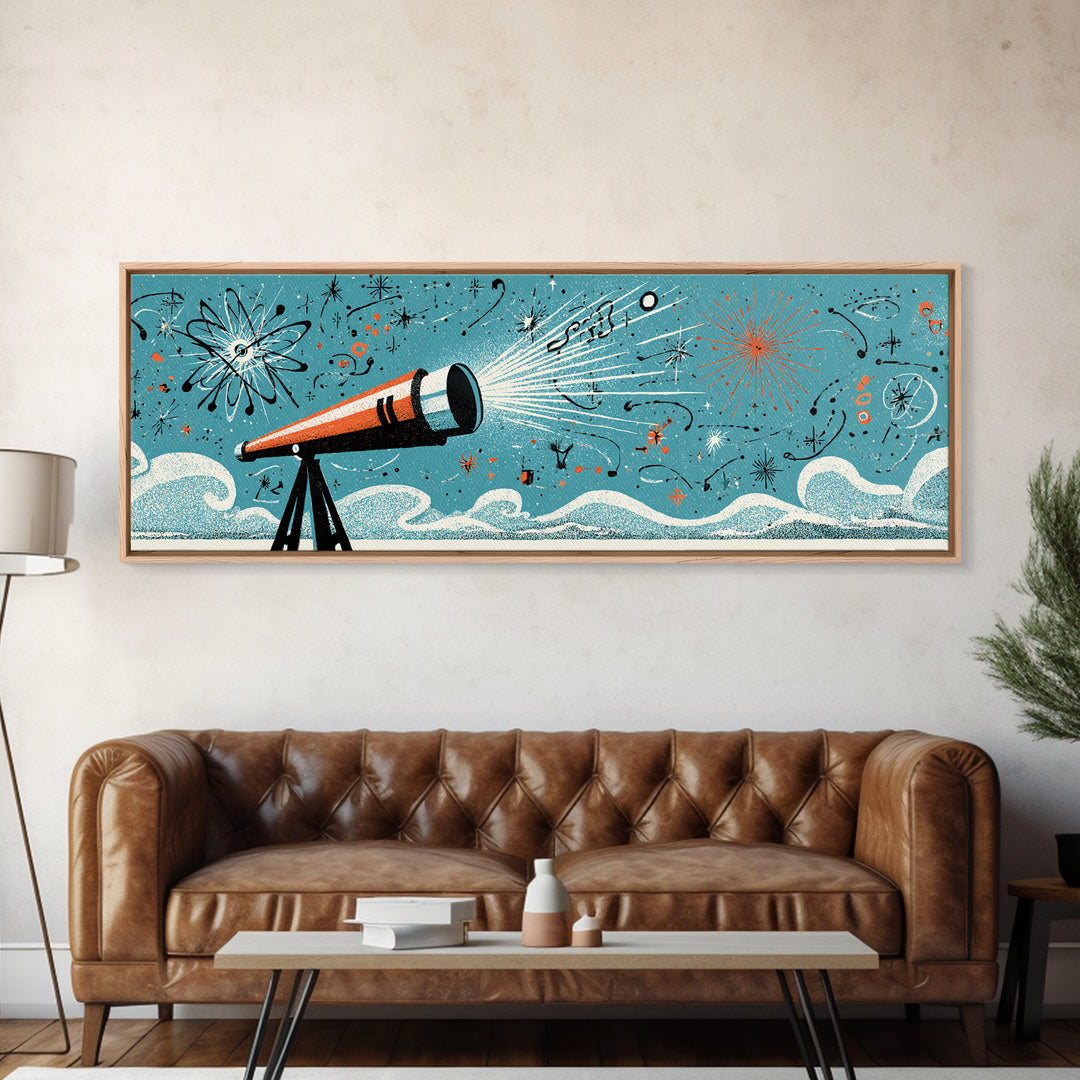Retro Telescope Beam With Atomic Doodles Wall Art, Midcentury Modern Art, Space Poster, Geometric Wall Decor, Colorful MCM Print