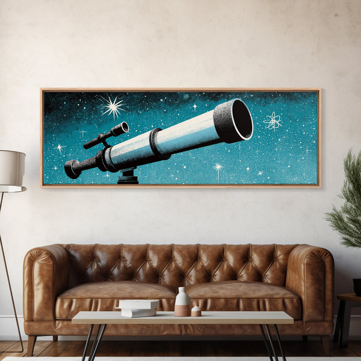 Close Up Blue Telescope Framed Canvas Print, Retro Astronomy Wall Art, Midcentury Modern Decor, Starry Space Poster, Office Art