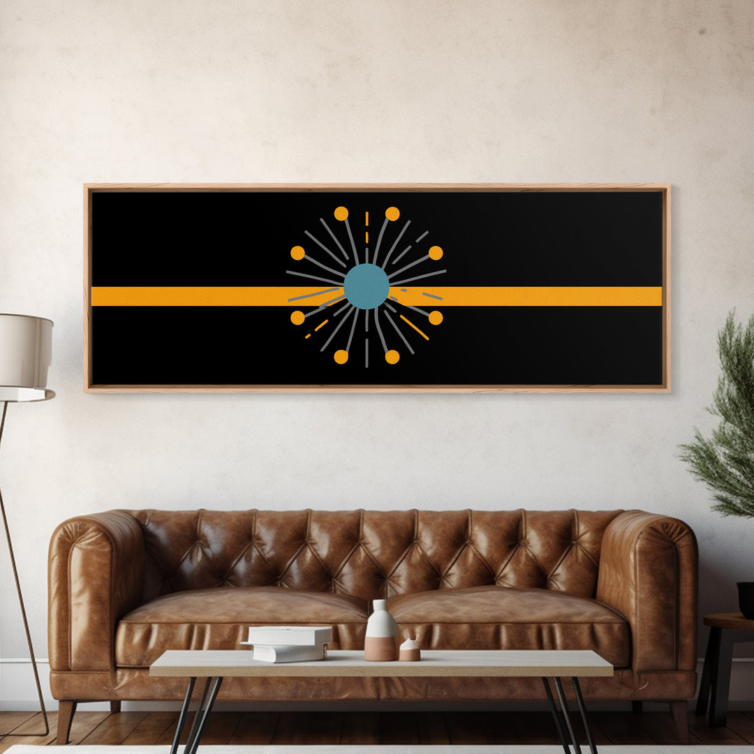 Minimal Atomic Starburst On Orange Stripe Wall Art, Midcentury Modern Decor, Geometric Art Print, Retro Abstract Poster, MCM