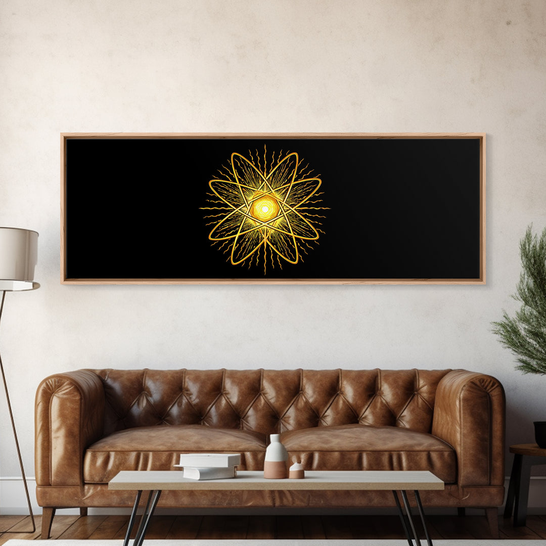 Golden Atomic Star On Black Canvas Print, Midcentury Modern Art, Retro Space Poster, Geometric Wall Decor, MCM Abstract Art