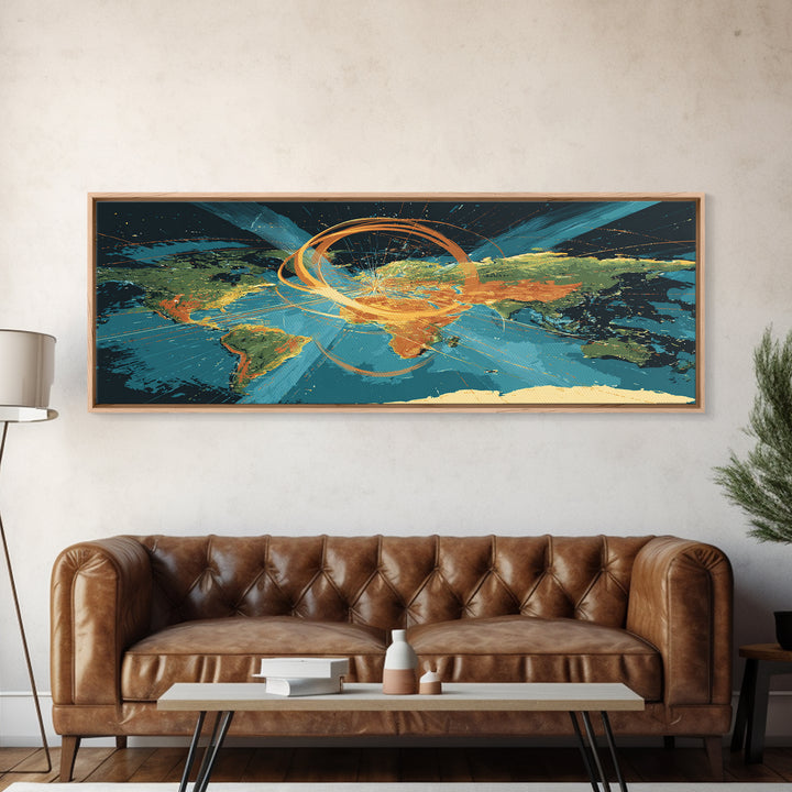 World Map With Orbital Energy Rings Framed Canvas Print, Retro Futurist Wall Art, Modern Abstract Art, Office Decor, MCM