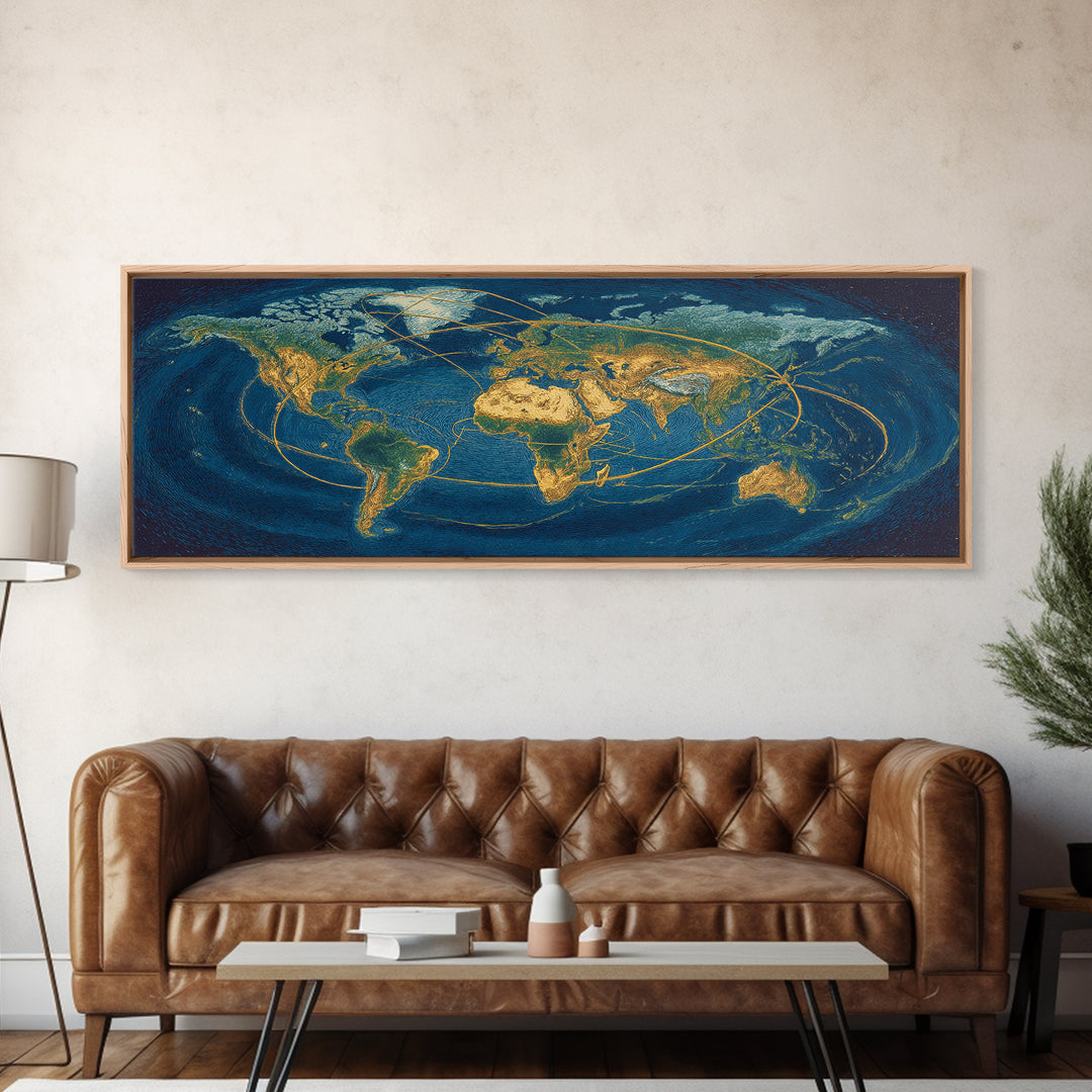 Golden World Map With Orbital Routes Wall Art, Panoramic Modern Art Print, Travel Wall Decor, Office Decor, Blue Gold Poster