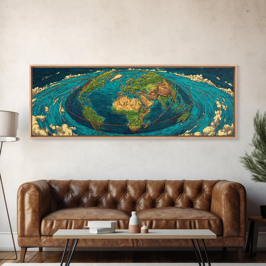 Turquoise Fisheye World Map Canvas Print, Panoramic Travel Wall Art, Modern Home Decor, Office Poster, Blue Green Artwork