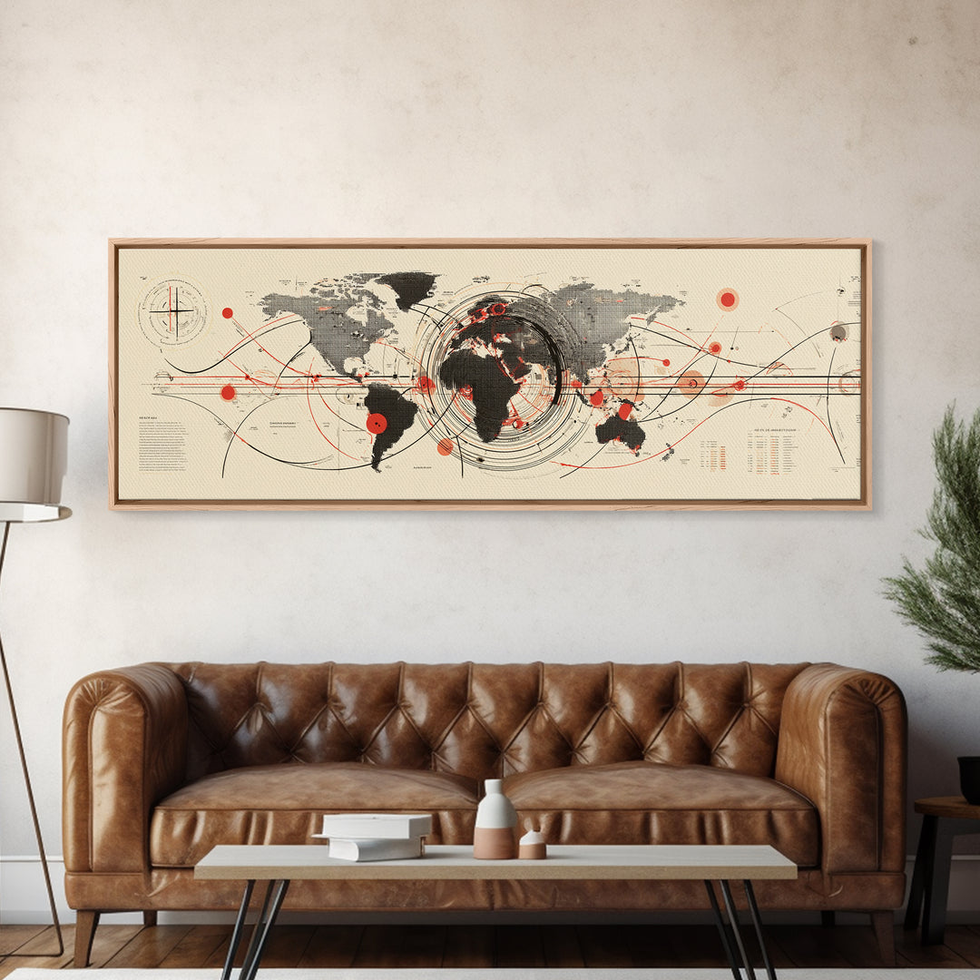 Abstract World Map With Red Orbit Lines Wall Art, Midcentury Modern Art Print, Office Decor, Home Decor, Geometric Travel Poster
