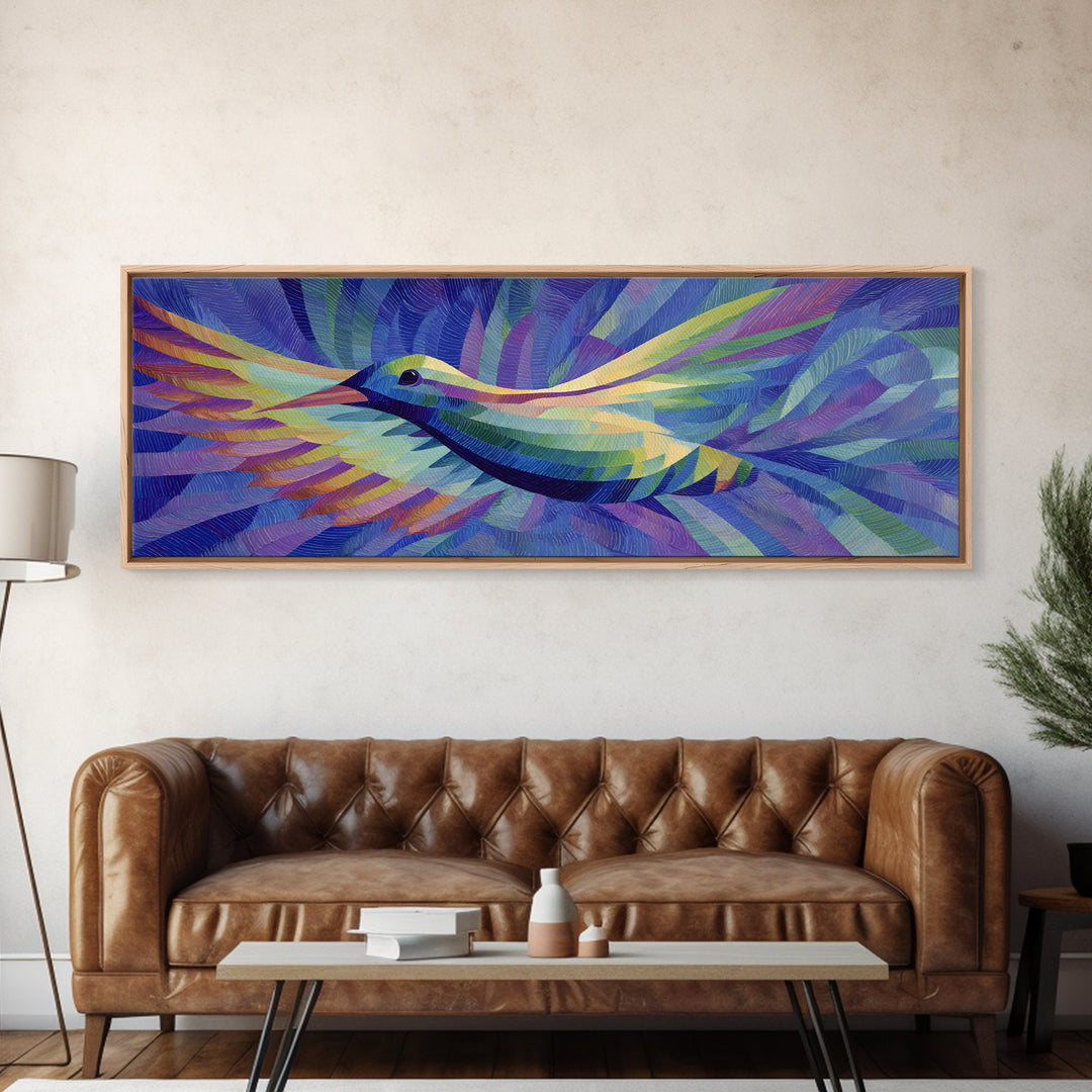 Blue Purple Hummingbird In Flight Canvas Print, Colorful Modern Wall Art, Midcentury Bird Poster, Vibrant Bedroom Decor Print