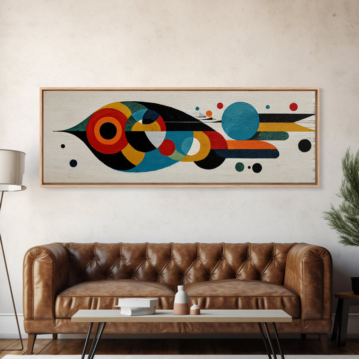 Midcentury Abstract Bird With Circles Wall Art, Geometric Canvas Print, Colorful MCM Decor, Modern Living Room Poster Art Print