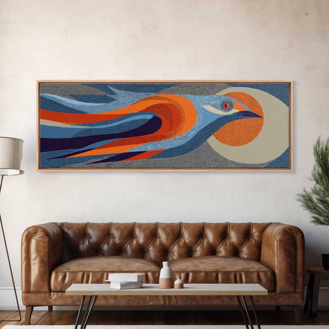 Orange Blue Streamline Bird Canvas Print, Retro Midcentury Wall Art, Geometric Wildlife Poster, Modern Home Decor For Living Room