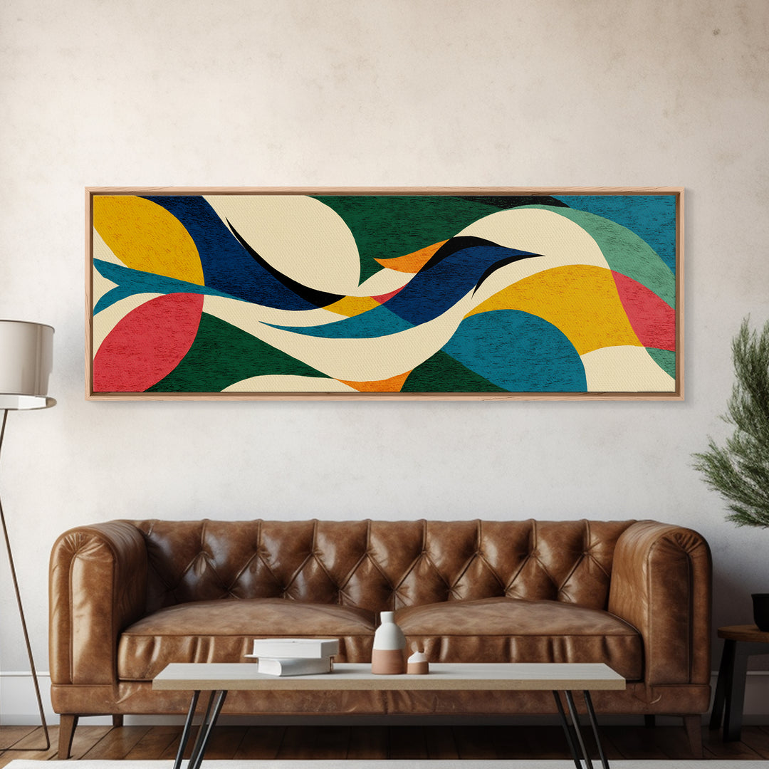 Cream Teal Abstract Flying Bird Wall Art, Midcentury Modern Canvas Print, Colorful Geometric Poster, Boho Home Decor Print Gift
