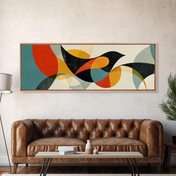 Black Bird With Transparent Circles Wall Art, Midcentury Modern Canvas Print, Abstract Geometric Poster, Retro Home Decor