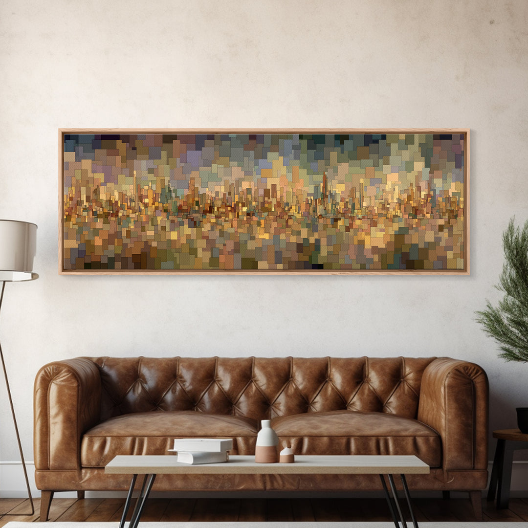 Golden Abstract City Reflection Wall Art, Modern Urban Panorama Print, Midcentury Modern Decor, Large Living Room Art Decor